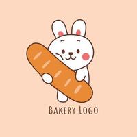 lindo conejo sosteniendo un pan para el logo de la panadería. vector