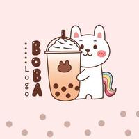 cute rabbit unicorn holding Boba milk tea. cartoon logo. vector