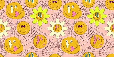 Trippy smile seamless pattern with daisy and checkerboard. Psychedelic hippy groovy print. Good 60s, 70s, mood. Vector trippy crazy illustration. Smile face seamless pattern y2k style.