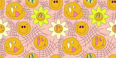 Trippy smile seamless pattern with daisy and checkerboard. Psychedelic hippy groovy print. Good 60s, 70s, mood. Vector trippy crazy illustration. Smile face seamless pattern y2k style.