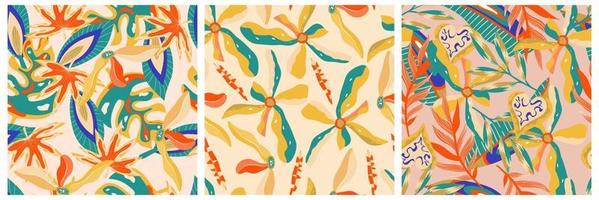 conjunto de patrones sin fisuras de la jungla boho estética para el diseño de impresión. fondo floral tropical de la colección botánica boho. patrón de selva floral exótico moderno. textura geométrica. diseño de impresión. vector