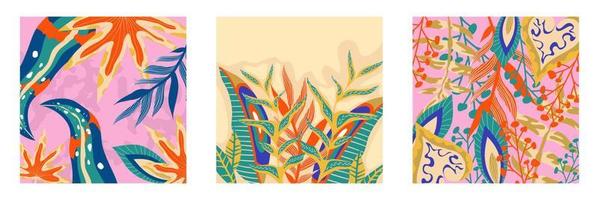 Trendy aestethic boho jungle set flyer. Abstract trendy exotic floral jungle background. Design template. Abstract nature background. Tropical foliage art cover vector