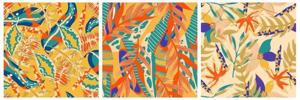 conjunto de patrones sin fisuras de la jungla boho estética para el diseño de impresión. fondo floral tropical de la colección botánica boho. patrón de selva floral exótico moderno. textura geométrica. diseño de impresión. vector