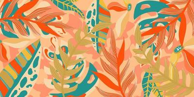 Abstract aesthetic background boho jungle with tropical leaves. Boho jungle in modern style. Ethnic leaf floral background art. Contemporary hand drawn flat design. Abstract tropical art vector