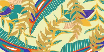 Abstract aesthetic background boho jungle with tropical leaves. Boho jungle in modern style. Ethnic leaf floral background art. Contemporary hand drawn flat design. Abstract tropical art vector