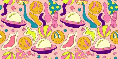 Trippy smile seamless pattern with ufo and mushroom. Psychedelic hippy groovy print. Good 60s, 70s, mood. Vector trippy crazy illustration. Smile face seamless pattern y2k style.