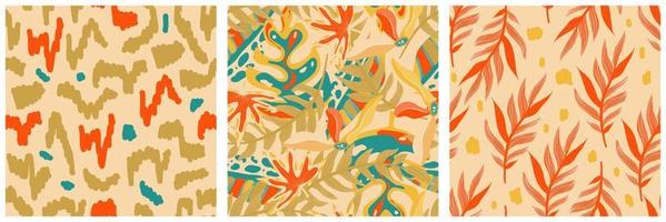 conjunto de patrones sin fisuras de la jungla boho estética para el diseño de impresión. fondo floral tropical de la colección botánica boho. patrón de selva floral exótico moderno. textura geométrica. diseño de impresión. vector