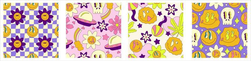 Trippy smile seamless pattern set with ufo, skull, daisy and rainbow. Psychedelic hippy groovy print. Good 60s, 70s, mood. Vector trippy crazy illustration. Smile face seamless pattern y2k style.