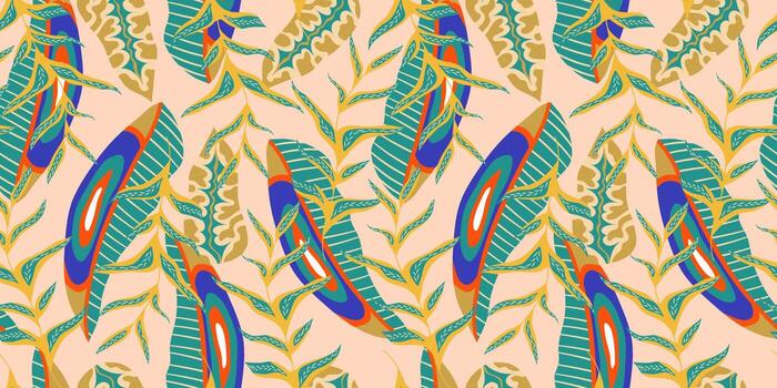 Aesthetic boho jungle seamless pattern for print design. Boho botanical tropic floral background. Modern exotic floral jungle pattern. Geometric texture. Print design. vector