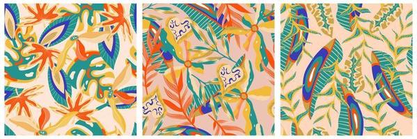 conjunto de patrones sin fisuras de la jungla boho estética para el diseño de impresión. fondo floral tropical de la colección botánica boho. patrón de selva floral exótico moderno. textura geométrica. diseño de impresión. vector