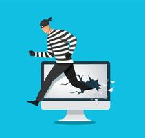 Hacker, thief hacking into a computer. vector illustration