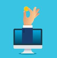 hand holding coin with computer. financial application vector