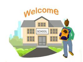 Welcome back to school concept. School building on the background and student goes to school vector