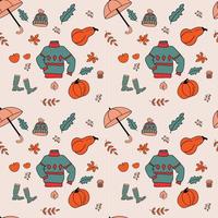 Autumn mood seamless pattern with cozy things, sweaters, hats, umbrella, pumpkins, boots vector