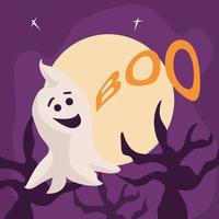 Ghost at night on a background of a full moon. Boo for Halloween greeting card vector