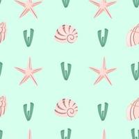 Seamless pattern with starfish, corals and seashells. Vector background with marine theme. Perfect for wrapping paper, textile and web design. Cute hand drawn vector illustration.