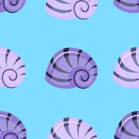 Colorful shellfish seamless pattern on blue background. Vector illustration. Shells underwater pattern frame of sea shells. Summer concept with shells. Bright cartoon seashell pattern, nature aquatic.