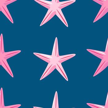 vector dibujado a mano sin costuras repitiendo un patrón simple con estrellas de mar rosa sobre un fondo azul. fondo vectorial con tema marino. estrella de mar rosa en un patrón para textiles, papel pintado, fondo. mar.