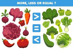 Education game for children more less or equal count the amount of cartoon vegetables beet red spinach paprika carrot cabbage shallot chilli tomato kale broccoli lettuce cucumber vector