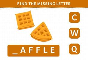 Education game for children find missing letter cartoon food snack waffle worksheet vector