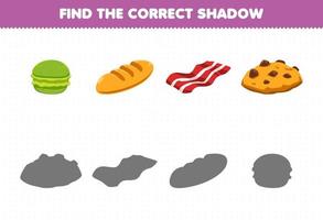 Education game for children find the correct shadow set of cartoon food and snack macaroon bread bacon cookie vector