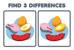 Education game for children find three differences between two cartoon picture of food salmon egg sausage vector