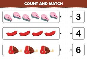 juego educativo para niños contar y combinar contar el número de alimentos de dibujos animados salmón salchicha carne de res y combinar con los números correctos hoja de trabajo imprimible vector