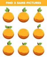 juego educativo para niños encuentra dos imágenes iguales fruta naranja vector