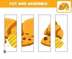 Education game for children cutting practice and assemble puzzle with cartoon food cookie chip and croissant vector