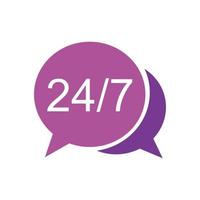 Flat vector illustration of a chat bubble with 24 7 text. Perfect for customer service app design elements, always on chat, and call center support help symbols. Editable vector in EPS10