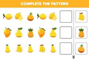 el juego educativo para niños completa el patrón de pensamiento lógico, encuentra la regularidad y continúa la tarea de la fila con frutas amarillas de dibujos animados vector