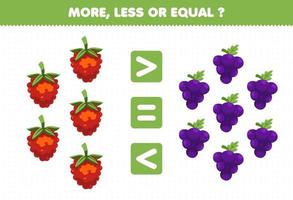 Education game for children more less or equal count the amount of cartoon fruits raspberries grape vector