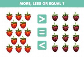 Education game for children more less or equal count the amount of cartoon fruits raspberries dewberries vector