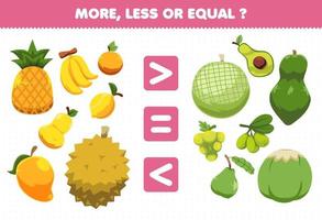 juego educativo para niños más menos o igual cuenta la cantidad de dibujos animados frutas piña plátano naranja pera limón mango durian melón aguacate papaya uva oliva guayaba coco vector