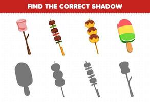 Education game for children find the correct shadow set of cartoon food and snack marshmallow yakitori takoyaki popsicle vector