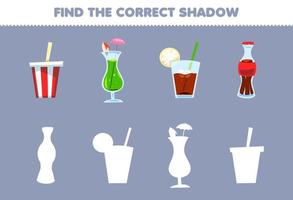 Education game for children find the correct shadow set of cartoon soft drink juice ice tea cola vector