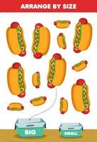 Education game for children arrange by size big or small put it in the box cartoon food snack hotdog pictures vector