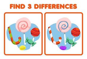 juego educativo para niños encuentra tres diferencias entre dos dibujos animados de comida dulce vector