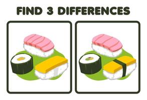 Education game for children find three differences between two cartoon picture of japanese food sushi vector