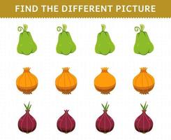 Education game for children find the different picture in each row vegetables chayote onion shallot vector