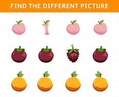 juego educativo para niños encuentra la imagen diferente en cada fila frutas melocotón mangostán zarzamoras naranja vector