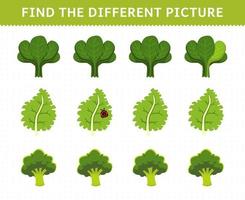 Education game for children find the different picture in each row vegetables spinach kale broccoli vector