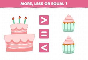 Education game for children more less or equal count the amount of cartoon food cake cupcake vector