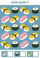 juego educativo para niños buscando y contando actividad para preescolar cuántos dibujos animados comida japonesa sushi vector