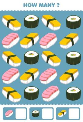 Education game for children searching and counting activity for preschool how many cartoon japanese food sushi