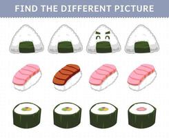 Education game for children find the different picture in each row japanese foods sushi onigiri vector