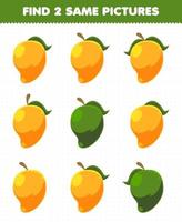 juego educativo para niños encuentra dos imágenes iguales fruta mango vector