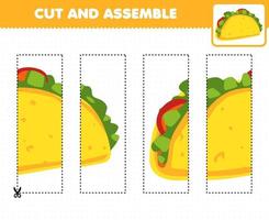 juego educativo para niños práctica de corte y armar rompecabezas con taco de comida de dibujos animados vector