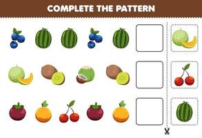 el juego educativo para niños completa el patrón de pensamiento lógico, encuentra la regularidad y continúa la tarea de la fila con frutas redondas de dibujos animados vector