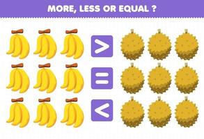 Education game for children more less or equal count the amount of cartoon fruits banana durian vector